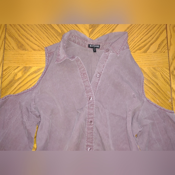 Express powder purple button denim cut shoulder shift mini dress - Picture 4 of 5